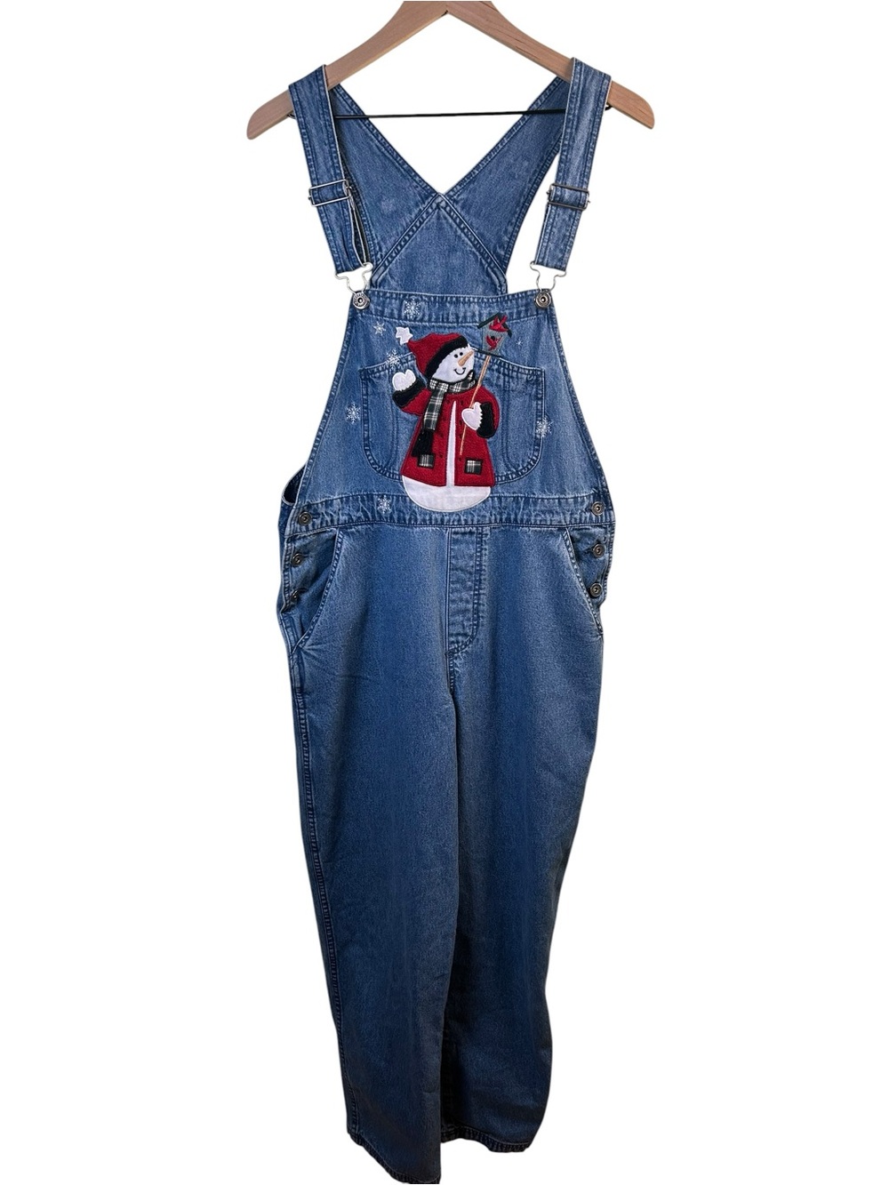 CHRISTOPHER & BANKS VTG 90s Snowman Denim Overalls M Christmas Winter